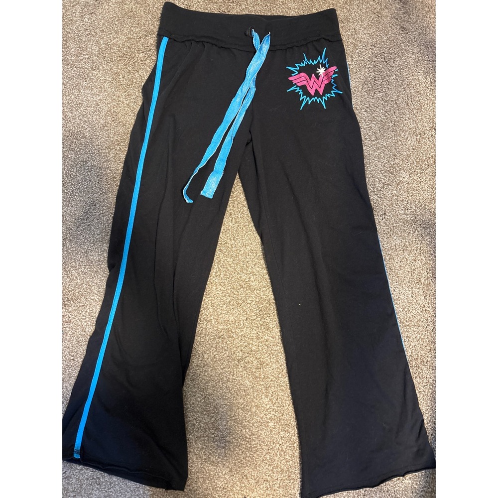 DC Comics Pajama Pants Womens Medium Black Excellent Wonder Woman Ka-Boom Logo